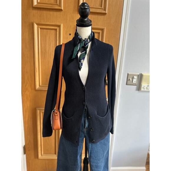 Liz Claiborne Women’s Cotton Cardigan Sweater Navy Blue Knit Medium Pockets - Picture 2 of 7